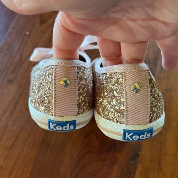 Kate Spade Keds Glitter Sneakers Womens Size 8 US Gold Sparkle With Pink Satin L - Picture 7 of 8